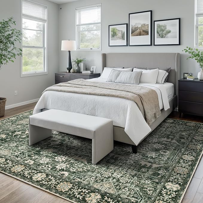 Dotiiorug Area Rug 5×7 Washable Rugs for Bedroom, Vintage Floral Rug Soft Non Slip Stain Resistant Carpet for Living Room Dinning Room Kitchen Home Office Green Black