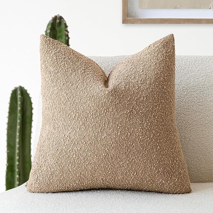Foindtower Textured Boucle Throw Pillow Covers Accent Solid Pillow Cases Cozy Soft Decorative Couch Cushion Case for Chair Sofa Bedroom Living Room Home Decor, 20 x 20 Inch, Khaki Camel