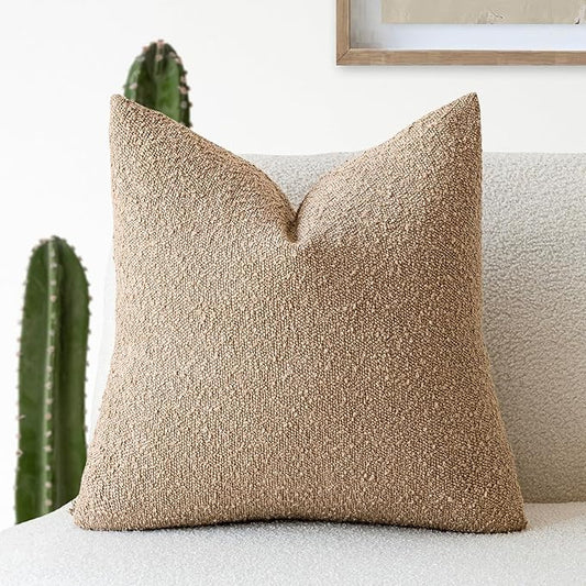 Foindtower Textured Boucle Throw Pillow Covers Accent Solid Pillow Cases Cozy Soft Decorative Couch Cushion Case for Chair Sofa Bedroom Living Room Home Decor, 20 x 20 Inch, Khaki Camel