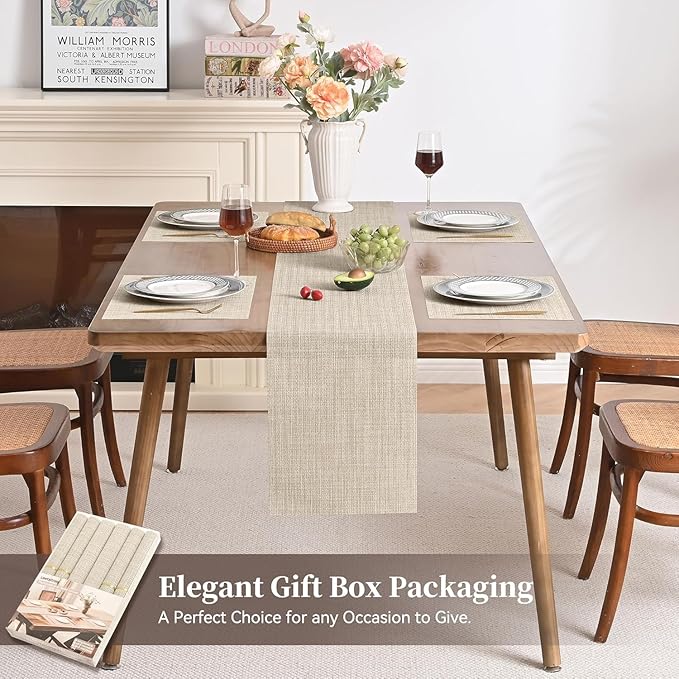 Leetaltree Beige Table Runner and Placemats Set of 7, Heat Resistant Non-Slip Place mats for Dining Table, Washable Durable PVC Vinyl Woven Table Runner Set