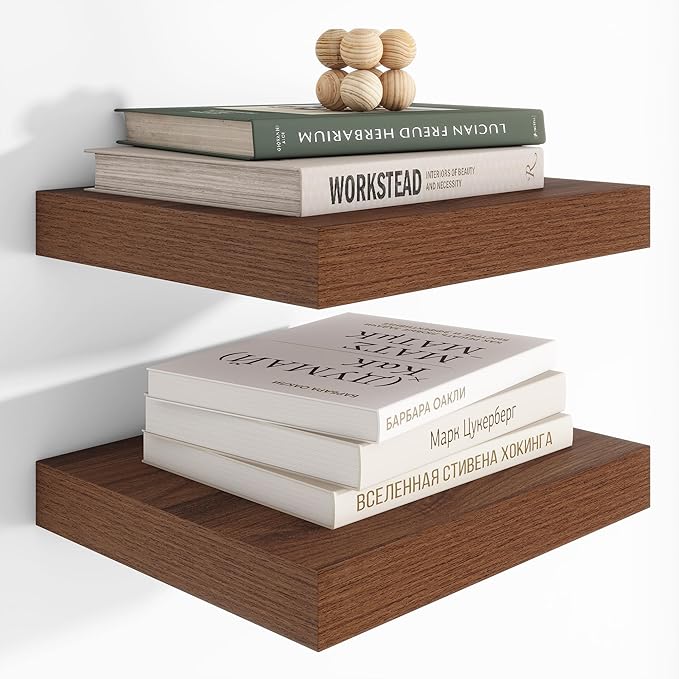 Heimlove 12 Inch Deep Floating Shelves, 12 x 12 inches Long Wall Shelf, Large Extra Display Shelf & Storage Shelf, Rustic Wood Wall Shelves for Fireplace Mantel, Walnut - 2Pack
