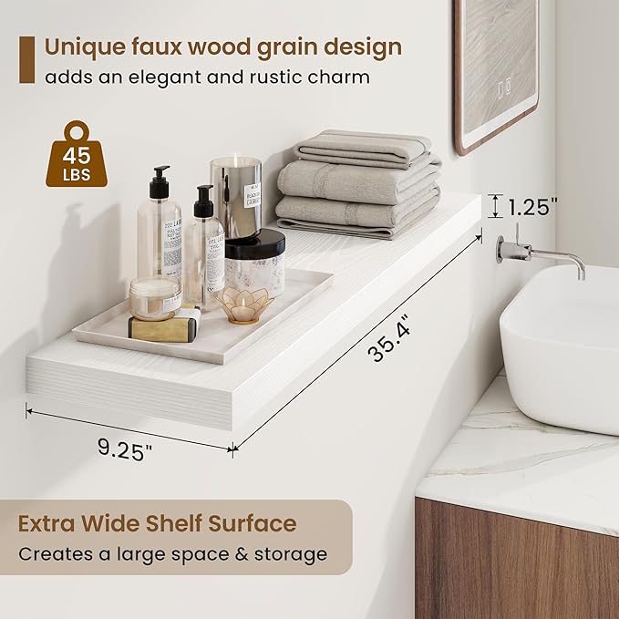 36in Floating Shelves for Wall, 36"W x 9.25"D x 1.25"H, 2 Pack Long Wall Mounted Engineered Wood Shelves with Invisible Brackets for Living Room, Bedroom, Bathroom, Kitchen Decor and Storage, White