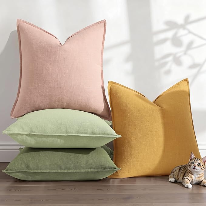 decorUhome Spring Decorative Linen Euro Sham Throw Pillow Covers 22x22 Inch Set of 2 Mustard Yellow Pillow Covers with Flange Edges Soft Farmhouse Boho Accent Pillow Cases for Couch Bed Living Room