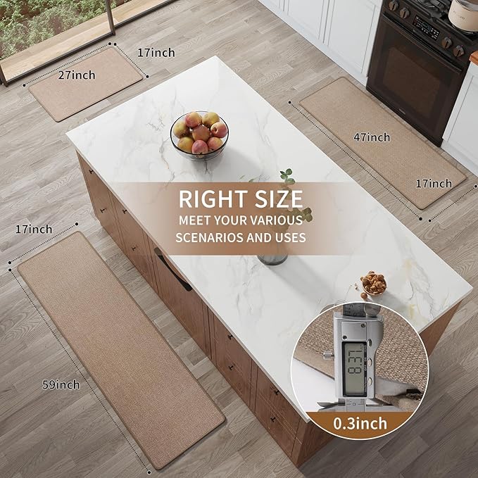 Long Kitchen Runner Rugs Non Slip Washable, Linen-Like 0.3" Thick Cushioned Absorbent Kitchen Mats for Floor, Mild Anti-Fatigue Sink Floor Mat Laundry Standing Mat, Easy Clean, Brown 17"x71"