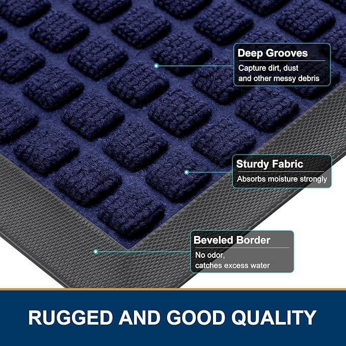 Smiry Front Door Mat Outside Entrance, Heavy Duty Natural Rubber Doormat, Non Slip, Trap Dirt and Moisture, Easy Clean, Low Profile Welcome Floor Mats for Indoor Outdoor Entry, 29.5x17 Inch, Navy Blue