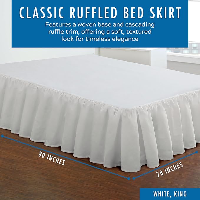 FRESH IDEAS Ideas Bedding Ruffled Bed Skirt, Classic 14” Drop Length, Gathered Styling, King, White FRE30114WHIT04