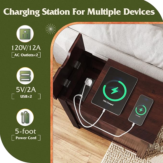 WLIVE End Table with Charging Station, Narrow Side Table for Living Room, Farmhouse Night Stand with Storage, Small Wooden Nightstand with USB Ports and Outlets for Living Room and Bedroom, Brown