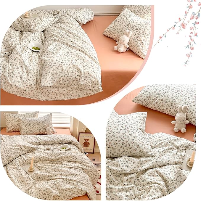 Boho Floral Duvet Cover Twin XL Aesthetic Cotton Floral Bedding Set Off White Vintage Garden Floral Comforter Cover Pink Flower Botanical French Style Duvet Cover Cottagecore Bedding Set Twin XL