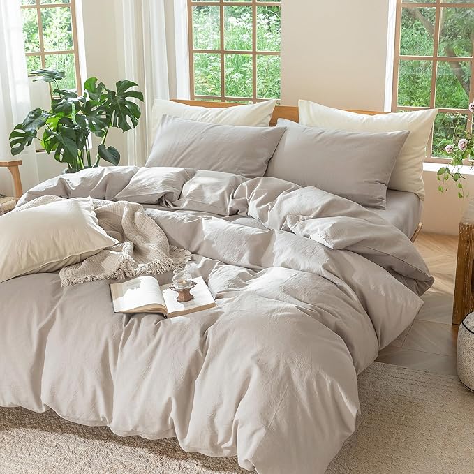 MooMee Bedding Duvet Cover Set 100% Washed Cotton Linen Like Textured Breathable Durable Soft Comfy (Heathered Cream Grey, King 104"x90")