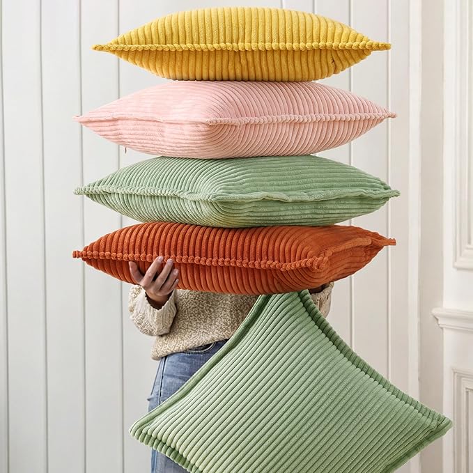 decorUhome Spring Corduroy Sage Green Euro Sham Throw Pillow Covers 24x24 Set of 2 Decorative Soft Boho Farmhouse Couch Pillow Covers for Living Room Bed Sofa Broadside Striped Pillow Cases