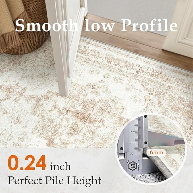 PureCozy Runner Rug 2x10 Cream Hallway Washable Beige Carpet Non Slip Vintage Medallion Beige Carpet Low Pile Soft Distressed Retro Indoor Long Rug for Entryway Kitchen Bathroom Laundry Bedroom