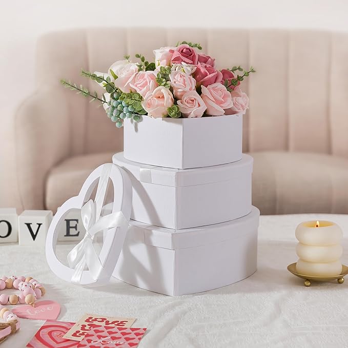 Soul & Lane White Heart Shaped Gift Boxes with Clear Lids and Decorative Bows: Set of 3 Cardboard Heart Boxes for Flowers, Chocolates, Large Box for Flower Arrangements and Valentine’s Day Presents