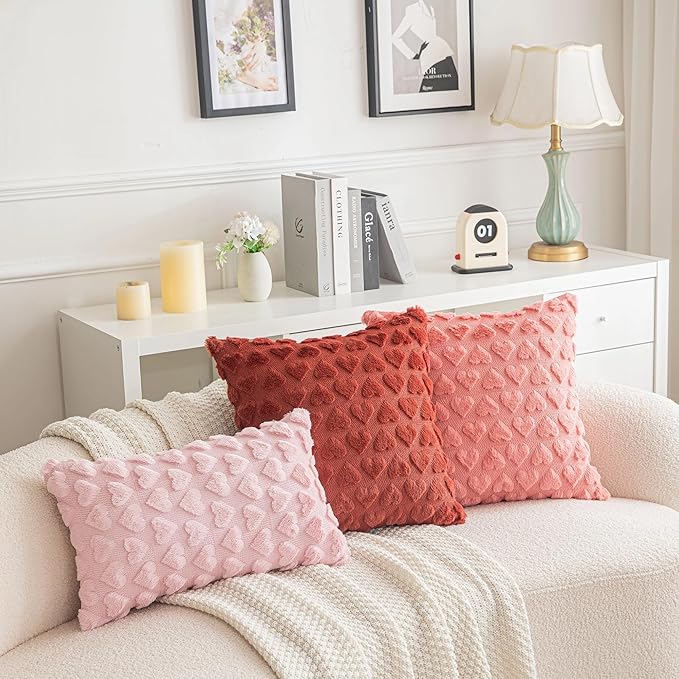 AQOTHES Set of 2 Heart Love Cute Wine Red Decorative Valentines Throw Pillow Covers 18x18, Soft Plush Faux Fur Pillow Covers for Couch Sofa Home Valentines Day Decoration
