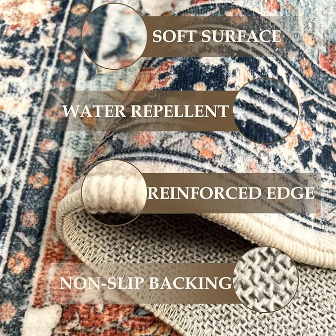 RELEANY Area Rugs Square 4ft Washable Non-Slip, Floral Vintage Distress Print Pattern Medallion Carpet for Living Room Bedroom Dining Room, Beige Navy Blue Orange Colorful