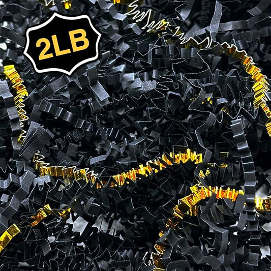 2LB Crinkle Cut Paper Shred Filler for Bag Gift Box Basket Confetti Paper Shreded Stuffing Decoration for Valentine's Day Holiday Party (Gold & Black)