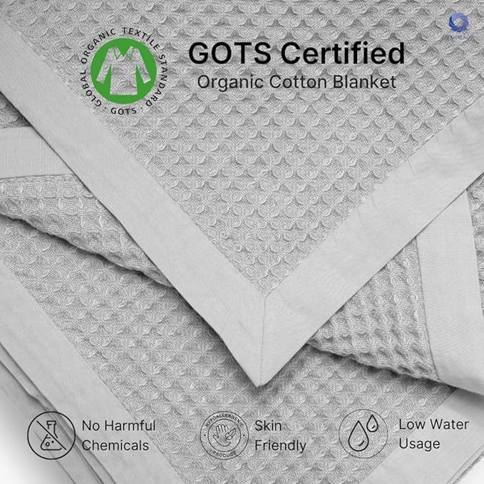 9Threads GOTS Certified Organic Cotton Waffle Weave Blanket, Queen Bed Size, 90"X90"Cozy Throw Blanket for Couch, Modern Home Decor, Throw Blankets,Waffle Blanket, Soft Bed Blankets -Scottish Grey
