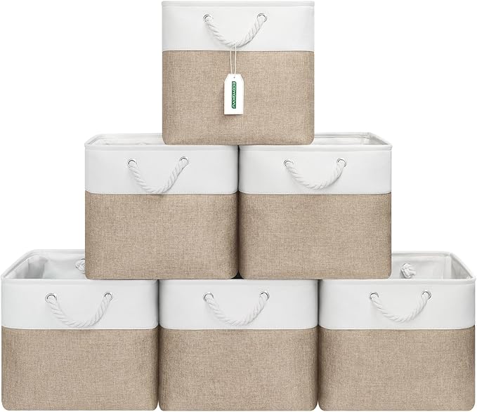 13x13 Inch Cube Storage Bins with Reinforced Bottom Cardboard, 6 Pack Large Foldable Fabric Storage Cubes with Handles for Shelf, Closet, Laundry Organization (White&Khaki)