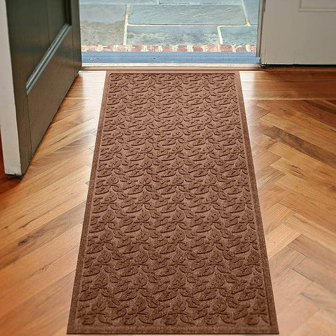 WaterHog Water Trapping Door Mat - Slip-Resistant Indoor/Outdoor Entrance Rug for Front Door, Entryways, Patios, Porch, Mudrooms, Hallway, Made in USA – Dogwood Leaf Collection, Dark Brown, 2' x 5'