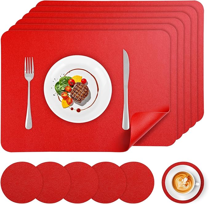 Faux Leather Placemats Set of 6, Vinyl Placemats Heat Resistant Place Mats, Waterproof Oil-Proof Wipeable Dining Table Mats and Coasters for Kitchen, Indoor, Outdoor (Red)