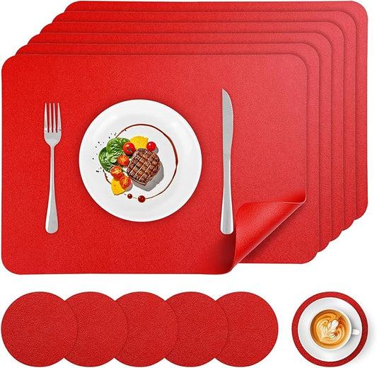 Faux Leather Placemats Set of 6, Vinyl Placemats Heat Resistant Place Mats, Waterproof Oil-Proof Wipeable Dining Table Mats and Coasters for Kitchen, Indoor, Outdoor (Red)