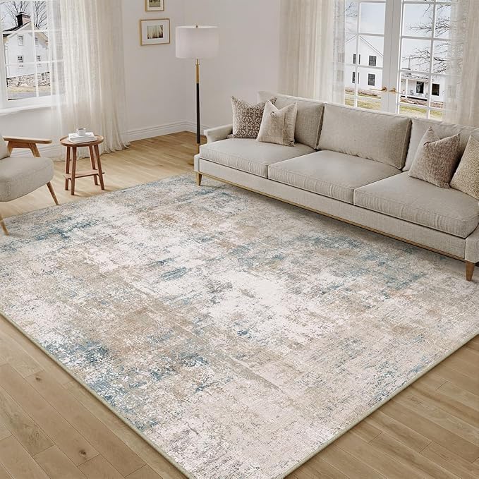 WondRg 6x9 Washable Area Rug Beige Blue Abstract Living Room Bedroom Throw Rug Neutral Modern Non Slip Soft Low Pile Indoor Carpet for Dining Room Kitchen Office