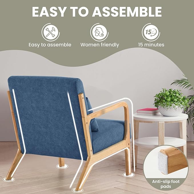 Aunekiv Accent Chair with Pillow Upholstered Mid-Century Chair Living Room Chair for Small Space Solid Wood Frame Reading Chair with Soft and Thick Cushion Armchair for Bedroom Balcony Blue 1PC