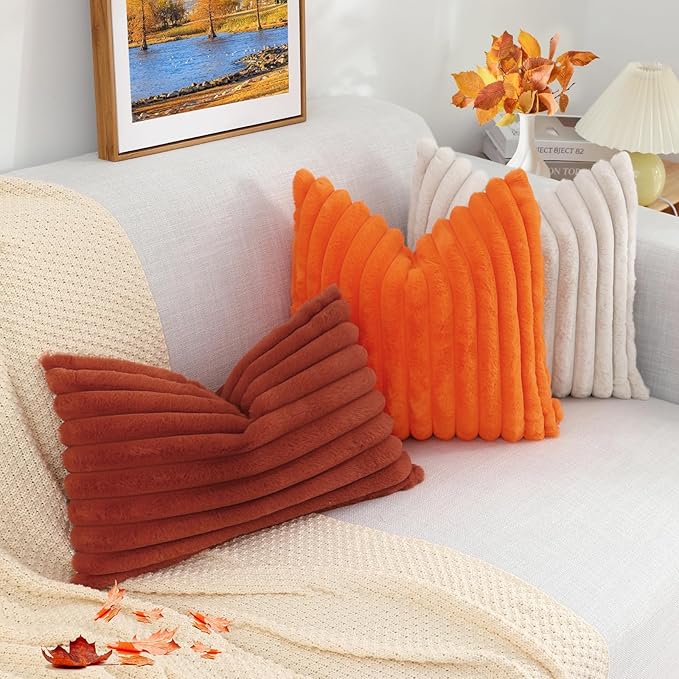 decorUhome Faux Fur Spring Throw Pillow Covers 26x26 Set of 2, Decorative Soft Plush Striped Neutral Couch Euro Sham Pillow Covers with Velvet Back for Sofa, Bed, Living Room Home, Rust