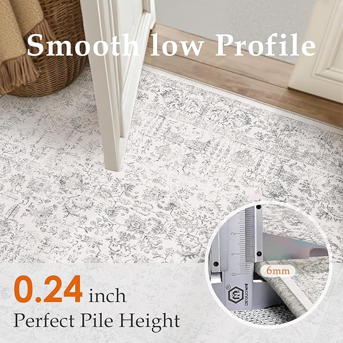 PureCozy Gray Runner Rug 3x14 Hallway Machine Washable Kitchen Vintage Distressed Non Slip Long Carpet Indoor Grey Retro Floral Bedroom Accent Throw Rug for Bathroom Office Laundry Dining Living Room
