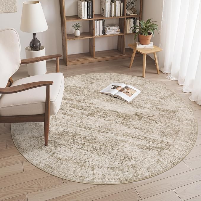 Soalmost 5x5 Brown Round Rug 5ft Living Room Circle Rug Vintage Round Area Rug Non Slip Indoor Carpet for Entryway Dining Room Bedroom