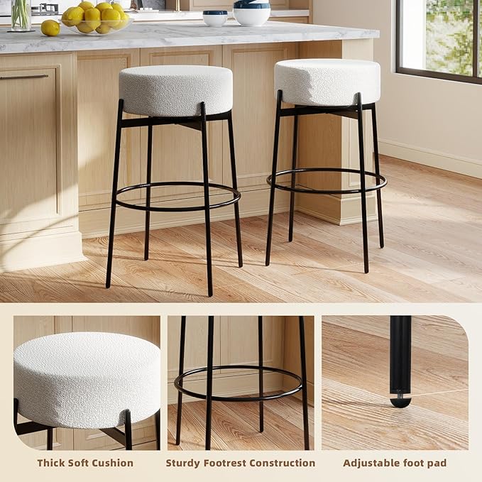 SoarFlash Modern Rotatable Bar Stools Set of 2, 30" Sherpa Swivel Counter Height Stools with Round Soft Padded Boucle Backless Seat, White