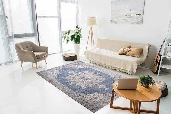 RugOver Machine Washable Area Rug, Pet-Friendly and Non-Slip Indoor Carpet for Kitchen, Bathroom, Living Room, Home Floor Decoration(Blue Jean/Peanut, 3' x 5')