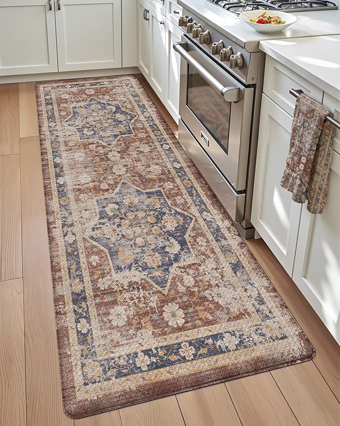 DEXI Kitchen Floor Mats Anti Fatigue, 17x59 Cushioned Vintage Runner Rug Waterproof, Standing Comfort Memory Foam Padded for Front Sink Laundry Office, Reddish Brown