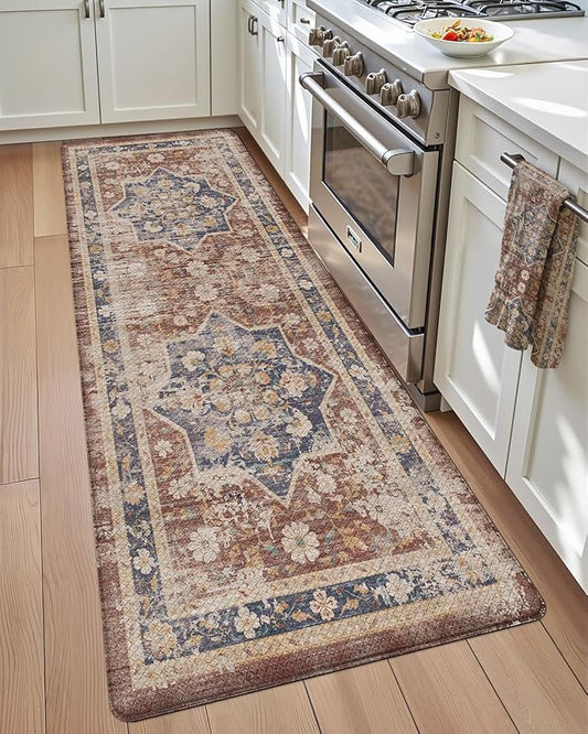 DEXI Kitchen Floor Mats Anti Fatigue, 17x59 Cushioned Vintage Runner Rug Waterproof, Standing Comfort Memory Foam Padded for Front Sink Laundry Office, Reddish Brown