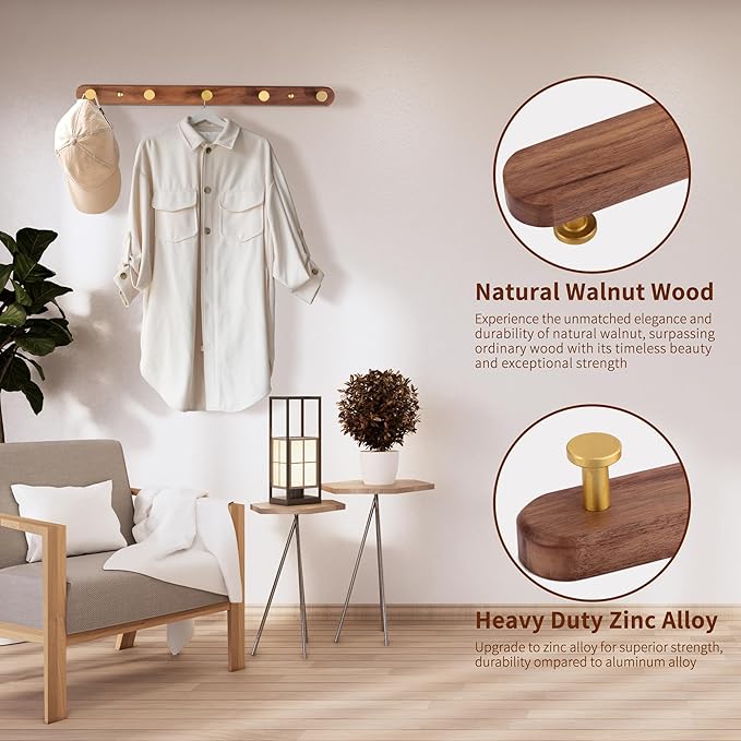 Wall Mounted Coat Rack, Entryway Hanging Coat Rack, Metal Wood Coat Rail with 5 Rustic Hooks Rail for Coat, Scarf, Bag, Towel, Key, Cap, Hat, Walnut Gold Matt