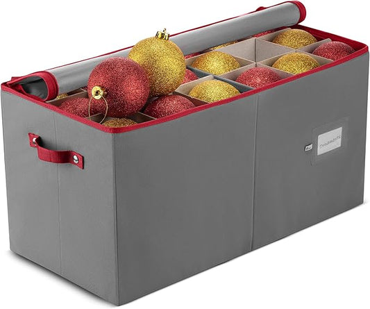 ZOBER Large Christmas Ornament Storage Box - Stores 54 4" Large Ornaments, With Dividers - Ornament Organizer Storage Box, Durable Christmas Containers Holder, Dual Zipper - Gray