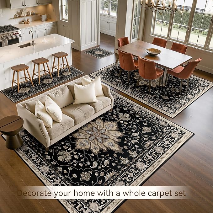 RELEANY Area Rugs 5'x7' Washable Non-Slip, Floral Vintage Distress Print Pattern Medallion Carpet for Living Room Bedroom Dining Room, Black Brown Neutral Dark Tan