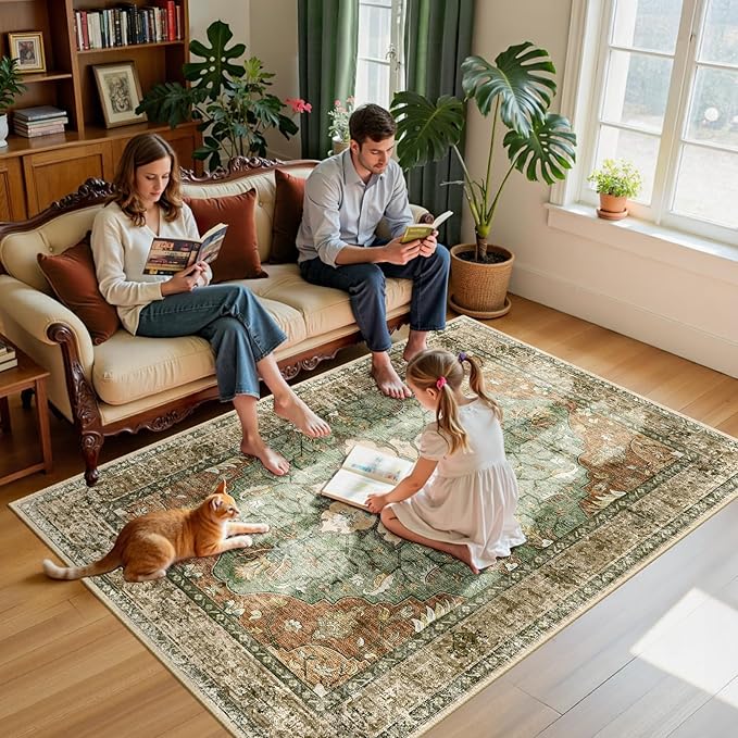 RELEANY Area Rugs 5'x7' Washable Non-Slip, Floral Vintage Distress Print Pattern Medallion Carpet for Living Room Bedroom Dining Room, Brick Red Rust Neutral Brown Burnt Orange Green