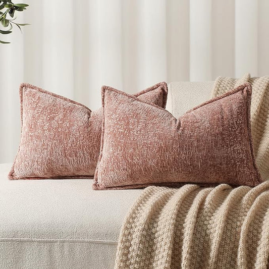 DEZENE Pack of 2 Pink Decorative Throw Pillow Covers 12x20 Cozy Soft Chenille Boho Accent Vintage Farmhouse Rectangular Lumbar Couch Pillow Covers for Home Decor Bed Sofa Living Room