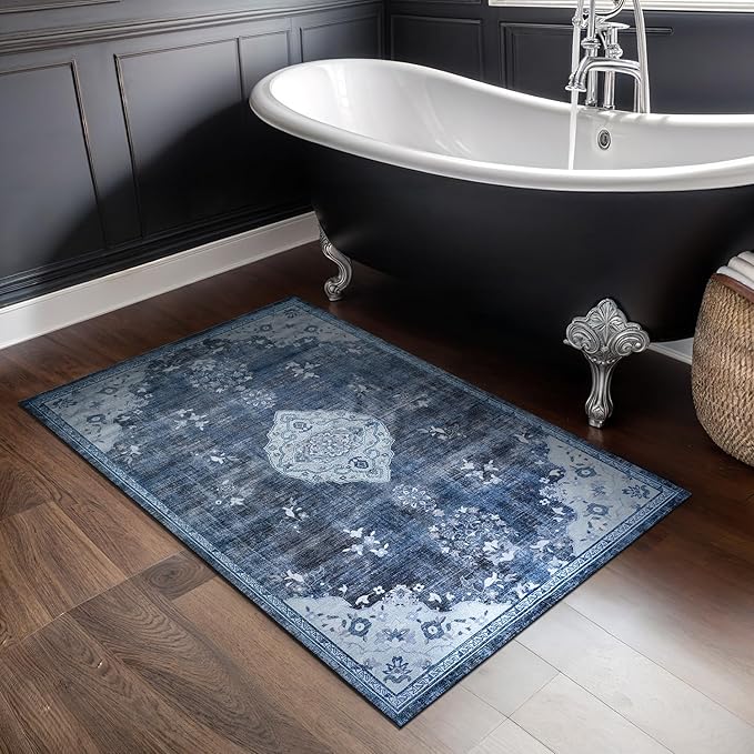 Beverly Rug Non Slip Rugs 2x3 Boho Medallion Floral Non Skid Rubber Backing Easy Silk Soft Entryway Rug for Living Room Easy to Clean Non Shedding Kitchen Bedroom Indoor Carpet (2 x 3 Blue - Gray)