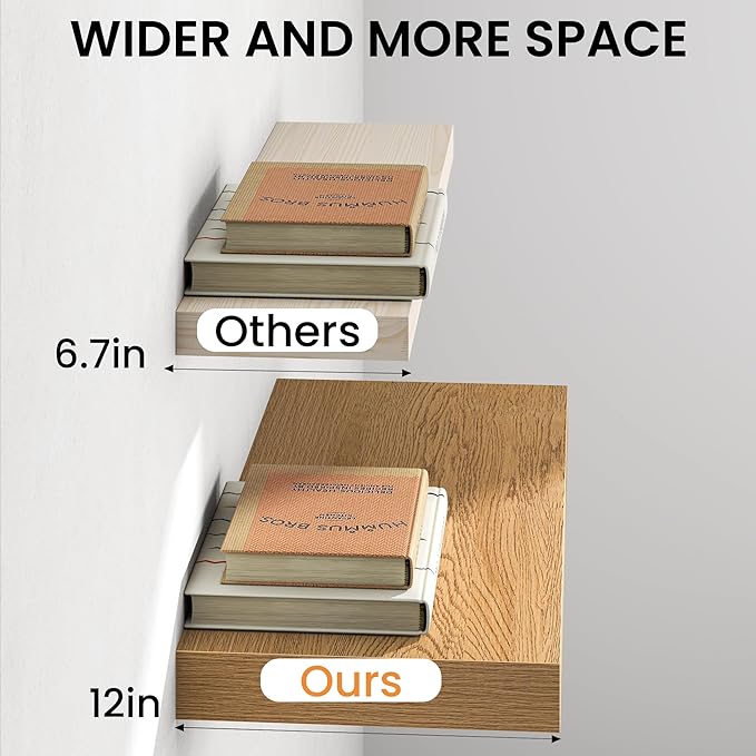 36Inch Oak Floating Shelves for Wall, 12 Inch Deep Shelves for Bedroom, Kitchen, Bathroom Wall Mounted, Rustic Wood Floating Shelf with Invisible Brackets for Books, Storage, Decor, 2 Packs