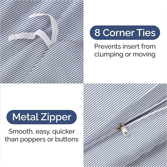 Duvet Cover Queen Size Set - Extra Soft Queen Size Duvet Cover 90 x 90 with 2 Pillow Shams - Hotel Luxury Easy Care & Fade Free w/Zipper Closures & Ties - Comfy Breathable Bedding Set (Blue Stripes)