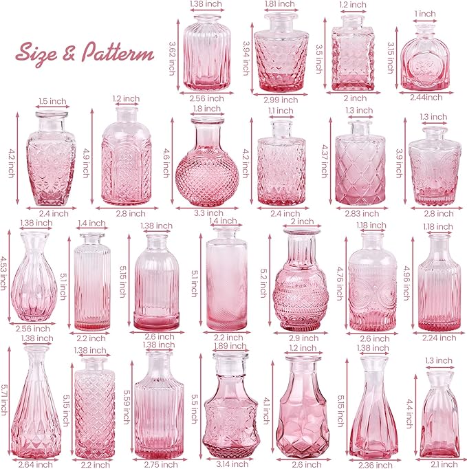 Valentine's Day Pink Glass Bud Vase Set of 24, Small Flower Vases for Centerpieces in Bulk, Mini Vintage Vase for Wedding Decor, and Home Table Décor