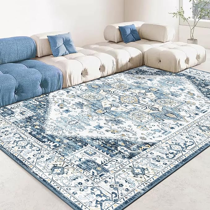 Fortsea 8x10 Area Rugs for Living Room, Machine Washable Non Slip Vintage Retro Rugs, Low Pile Lightweigt Chenille Print Indoor Rug for Bedroom, Dining Room, Home Office (Blue Gold Cream 8X10)…
