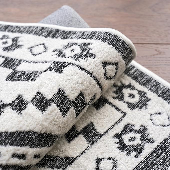 RAMEFILD Moroccan Washable Runner Rug 2x6, Geometric Woven Area Rug, Farmhouse Boho Accent Rug Runner for Hallway, Non-Slip Soft Throw Mat for Bedroom Laundry Entryway, Black and White