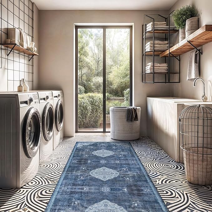 Beverly Rug Non Slip Rugs 2x7 Boho Medallion Floral Non Skid Rubber Backing Easy Silk Soft Runner Rug for Living Room Easy to Clean Non Shedding Kitchen Bedroom Indoor Carpet (2 x 7 Blue - Gray)
