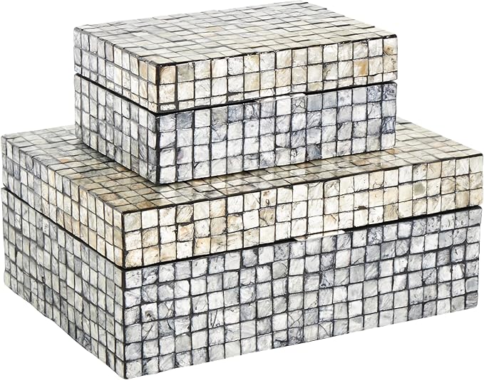 Deco 79 Mother of Pearl Shell Geometric Handmade Decorative Box Square Mosaic Storage Decorative Keepsake Box with Beige Accents, Set of 2 Storage Box 12", 8"W, Gray