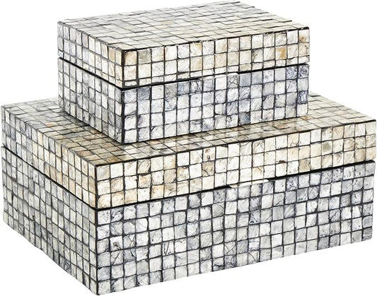 Deco 79 Mother of Pearl Shell Geometric Handmade Decorative Box Square Mosaic Storage Decorative Keepsake Box with Beige Accents, Set of 2 Storage Box 12", 8"W, Gray