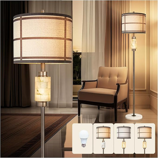 KIVDITZO Natural Alabaster Floor Lamp, Lamps for Bedroom, Tall Lamp with Night Light, Marble Base, Linen Shade,Living Room Lamp, Standing Lamp for Living Room Bedroom Office - Brown (Bulb Included)