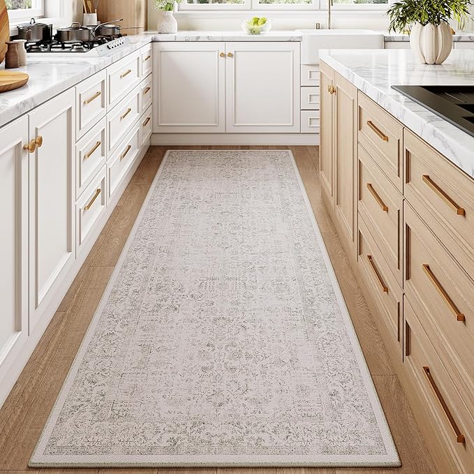 PureCozy Gray Runner Rug 3x10 Hallway Machine Washable Kitchen Vintage Distressed Non Slip Long Carpet Indoor Grey Retro Floral Bedroom Accent Throw Rug for Bathroom Office Laundry Dining Living Room