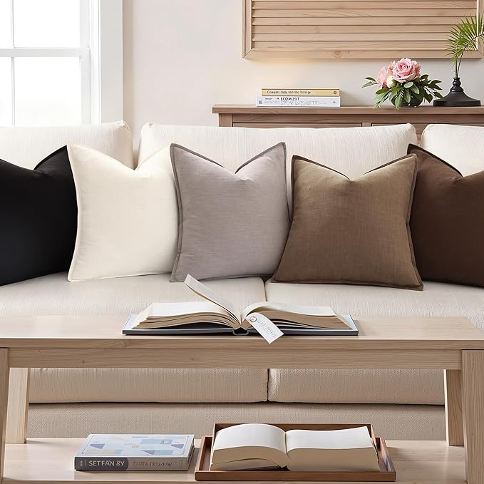 decorUhome Spring Decorative Linen Euro Sham Throw Pillow Covers 26x26 Inch Set of 2 Khaki Brown Pillow Covers with Flange Edges Soft Farmhouse Boho Accent Pillow Cases for Couch Bed Living Room